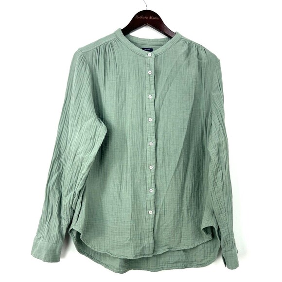 GAP Women Crinkle Gauze Cotton Long Sleeve Button Up Blouse L Sage Green 1043E4 - Picture 3 of 10